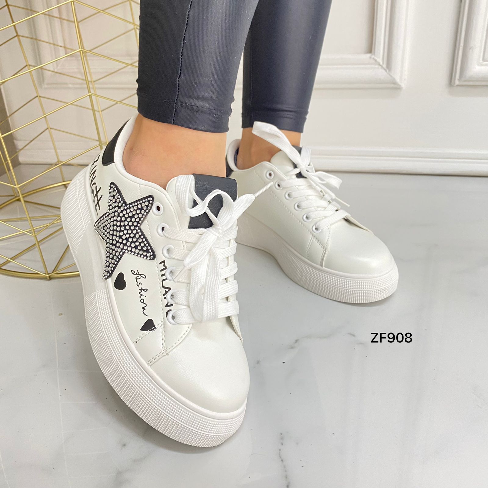 Tenis blancos apliques brillantes suela 4cm N 5308C C-4